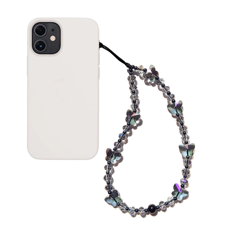 Handmade Crystal Butterfly Beaded Phone Chain Glass Beads Resin Charm Anti-Lost Lanyard For Women Girls Phone Case Decoration