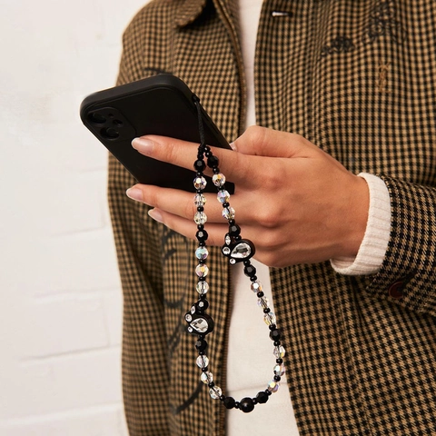 Cordino per Cellulare in Perline di Cristallo Fatto a Mano Ciondolo per Telefono con Coniglio Nero Cuore Fiocco Strass Accessorio Donna