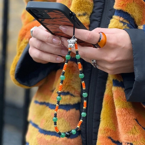 Handgefertigte Perlen Handy-Kette Lanyard Mit Tiger Anhänger Malaysia Jade Glasperlen Bohemian Phone Strap Accessoire Für Damen