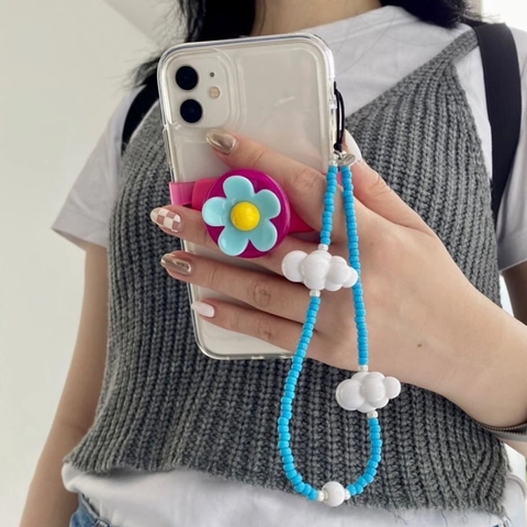 Handmade Czech Glass Beaded Phone Chain With 3D Acrylic White Clouds Cute Lanyard Wrist Strap For Women Phone Decoration