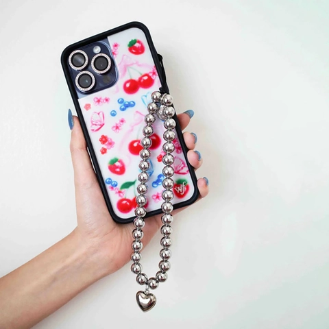 Handmade Silver Metal Beaded Phone Chain With Heart Pendant High Polish Copper Plated Wrist Strap Women Fashion Mobile Case Lanyard