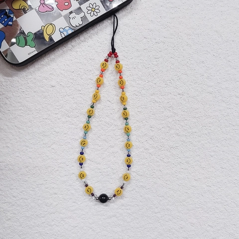 Handmade Beaded Phone Lanyard Acrylic Smiley Face Glass Beads Multicolor Anti-Lost Phone Chain Strap For Women Girls Accessories