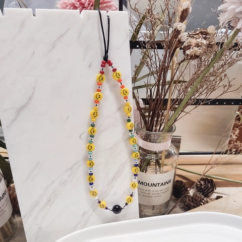 Handmade Beaded Phone Lanyard Acrylic Smiley Face Glass Beads Multicolor Anti-Lost Phone Chain Strap For Women Girls Accessories