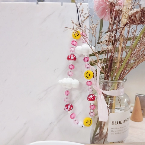Handmade Beaded Phone Chain Pink Mushroom Cloud Smiley Face Metal Lanyard Decorative Anti-lost Mobile Phone Strap For Women