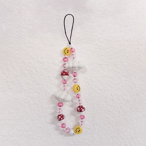 Handmade Beaded Phone Chain Pink Mushroom Cloud Smiley Face Metal Lanyard Decorative Anti-lost Mobile Phone Strap For Women