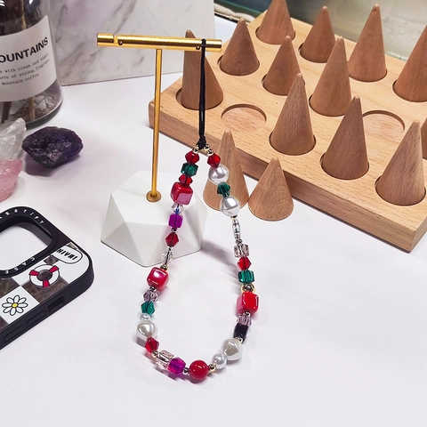 Handmade Multicolor Crystal Beads Phone Chain For Women Artificial Pearl Ceramic Beads Lanyard Mobile Phone Strap Gift