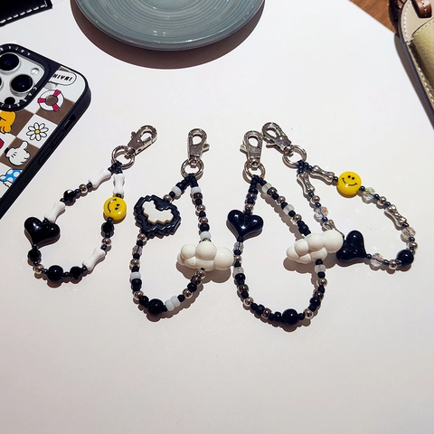 Handmade Colorful Beaded Keychain For Women Girls Heart Cloud Smiley Face Bag Charm Phone Lanyard Acrylic Key Ring Accessory