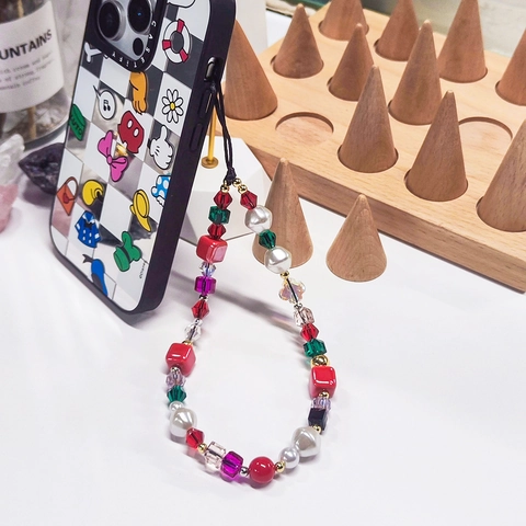 Handmade Multicolor Crystal Beads Phone Chain For Women Artificial Pearl Ceramic Beads Lanyard Mobile Phone Strap Gift