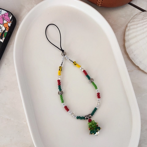 Catenina per Telefono con Perline a Forma di Albero di Natale Fatta a Mano Multicolore Vetro Cristallo Perline Accessori Donna