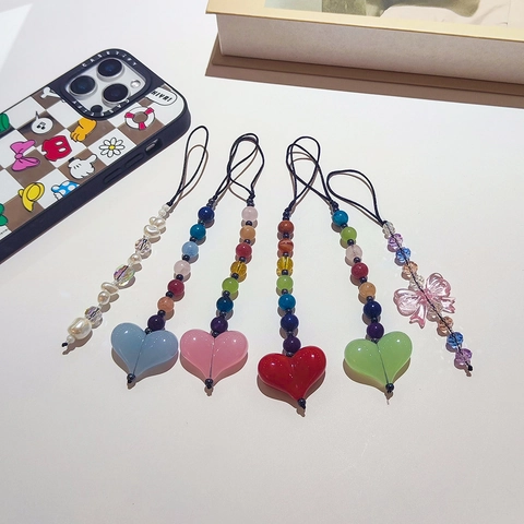Cadena de Teléfono de Cuentas Minimalista para Mujer Corazón Lazo Acrílico Piedra Natural Cuenta de Vidrio Colgante Móvil