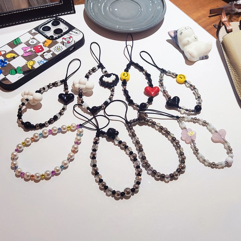 Handgefertigt Perlen Handy-Anhänger Bunt Acryl Herz Wolke Schmetterling Skelett Smiley Gesicht Handy-Kette Für Damen Y2K Schmuck