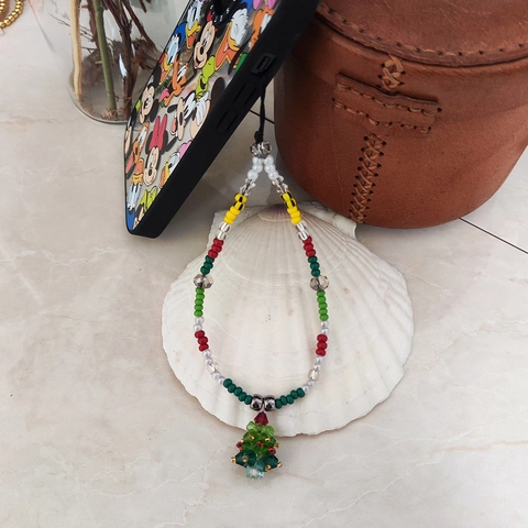 Catenina per Telefono con Perline a Forma di Albero di Natale Fatta a Mano Multicolore Vetro Cristallo Perline Accessori Donna