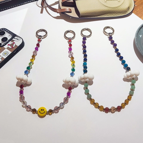 Ciondolo per Borsa in Perline Colorate Portachiavi per Donna Ragazze Fatto a Mano Pietra di Vetro Cuore Nuvola Fungo Faccina Sorridente Accessorio Borsa