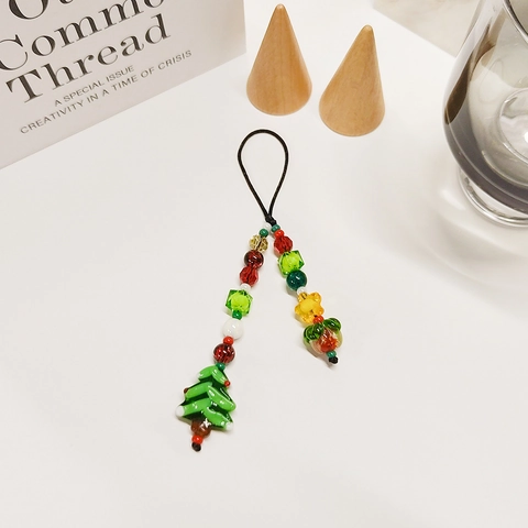 Ciondolo per Telefono con Perline Albero di Natale Fatto a Mano Lampwork Cachi Cristallo Perline di Vetro Cinturino per Telefono Donna Borsa Portachiavi