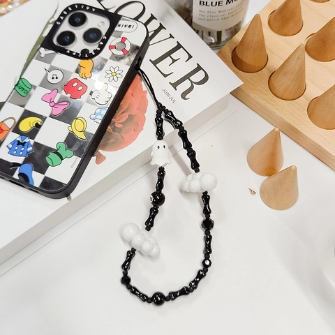 Handmade Beaded Phone Chain With Alloy Bone Resin Ghost 8-Ball Decor Glass Crystal Phone Lanyard For Women Tech Accessory