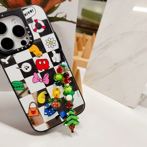 Ciondolo per Telefono con Perline Albero di Natale Fatto a Mano Lampwork Cachi Cristallo Perline di Vetro Cinturino per Telefono Donna Borsa Portachiavi
