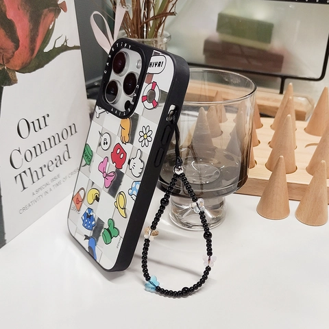 Handmade Resin Beaded Phone Chain With Colorful Butterfly Charms Black Beads Lanyard For Women Tech Accessories