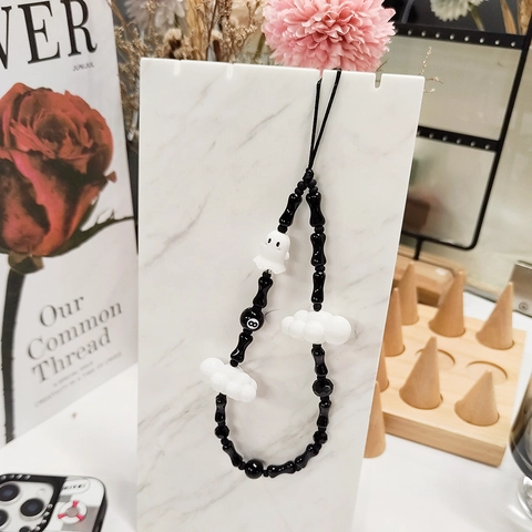 Handmade Beaded Phone Chain With Alloy Bone Resin Ghost 8-Ball Decor Glass Crystal Phone Lanyard For Women Tech Accessory