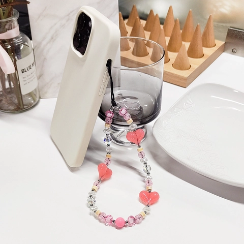 Handmade Pink Heart Beaded Phone Chain Crystal Acrylic Imitation Pearl Ceramic Bead Phone Lanyard For Women Girls Gift
