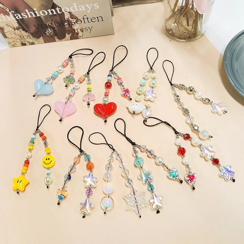 Handmade Beaded Phone Chain Colorful Resin Heart Star Bear Butterfly Mushroom Charm Lanyard For Phone Case Bag Decoration Women Girls Y2K Jewelry