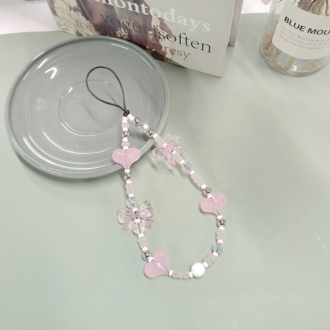 Pink Bowknot Heart Beaded Phone Chain Acrylic Glass Beads Kawaii Phone Lanyard Wrist Strap Accessories For Women Girls