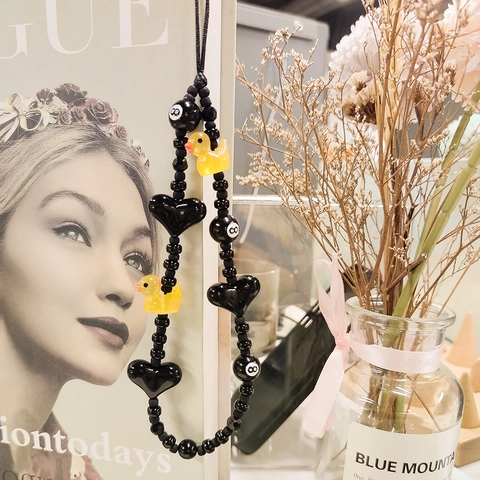Handmade Beaded Phone Chain Yellow Duck Black Heart Number 8 Billiard Ball Glass Acrylic Bead Lanyard For Women Accessory