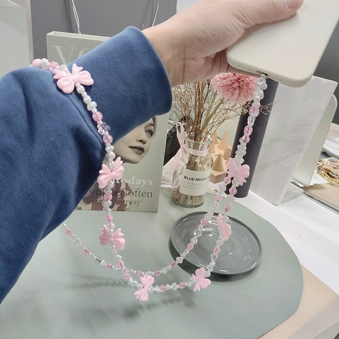 Handmade Beaded Phone Chain Lanyard With Pink Bows Glass Crystal Faux Artificial Pearl Long Neck Strap Girly Phone Charm Decoration