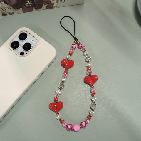 Handmade Beaded Heart Phone Chain For Women Red Acrylic Heart Beads Pink White Faux Artificial Pearl Anti-Lost Phone Strap Charm