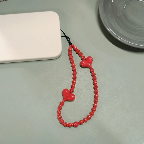 Handmade Red Heart Beaded Phone Lanyard Anti-Lost Acrylic Glass Bead Phone Chain Strap For Women Fashion Tech Accessory