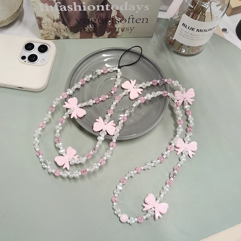 Handmade Beaded Phone Chain Lanyard With Pink Bows Glass Crystal Faux Artificial Pearl Long Neck Strap Girly Phone Charm Decoration