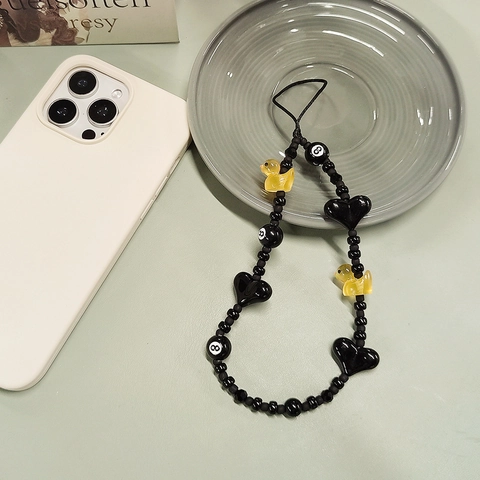 Handmade Beaded Phone Chain Yellow Duck Black Heart Number 8 Billiard Ball Glass Acrylic Bead Lanyard For Women Accessory