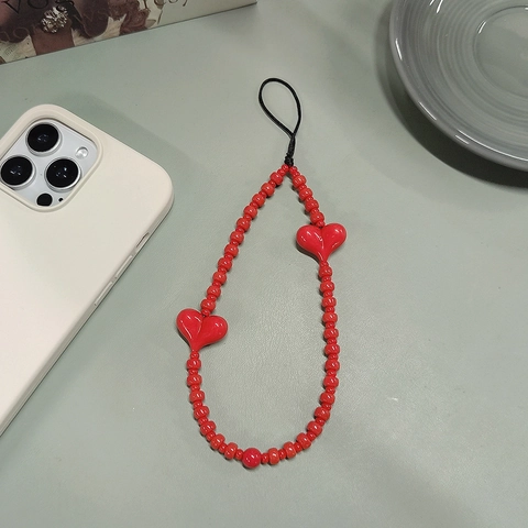 Handmade Red Heart Beaded Phone Lanyard Anti-Lost Acrylic Glass Bead Phone Chain Strap For Women Fashion Tech Accessory