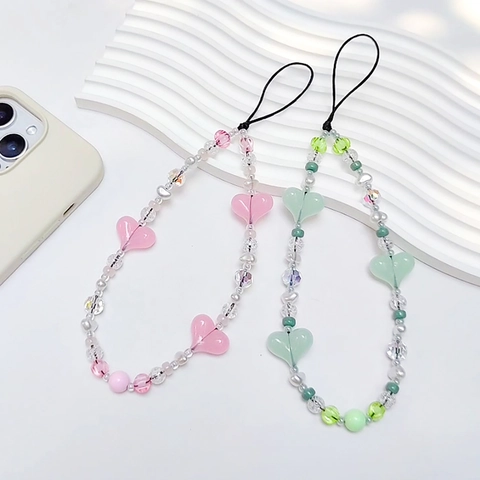 Acrylic Heart Beaded Phone Chain Handmade Glass Crystal Artificial Pearl Lanyard For Women Tech Accessories ins Style Anti-Lost Strap
