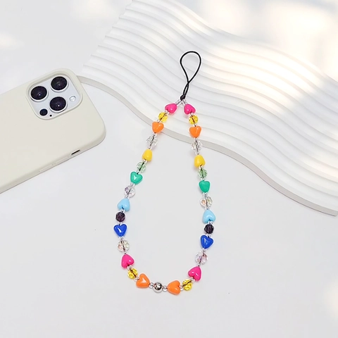 Buntes Herz Perlen Handy-Schlüsselband Acryl Kristall Glasperlen Anti-Verlust Handykette Hals Handgelenkschlaufe Damen Schmuck