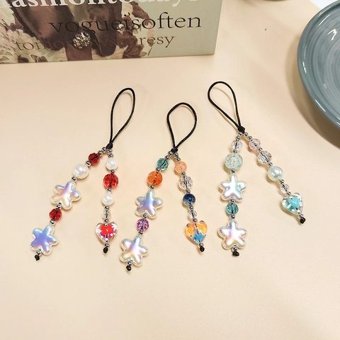 Y2K Handmade Beaded Phone Charm String Heart Star Bear Butterfly Resin Glass Bead Keychain Wrist Strap Women Jewelry