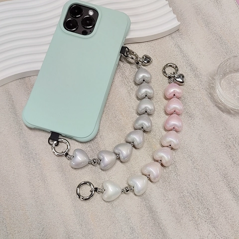 Ins Style Heart Beaded Phone Strap Iridescent Acrylic Metal Chain Charm Women Phone Case Accessories Heart Pendant