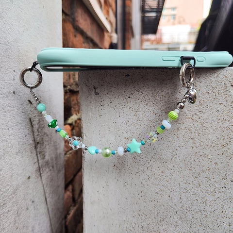 Dragonne de Téléphone Perles à la Main Étoile Lune Cœur Lanière Vert Menthe Perles Acrylique Porte-Clés Bijou de Sac Femme Mode
