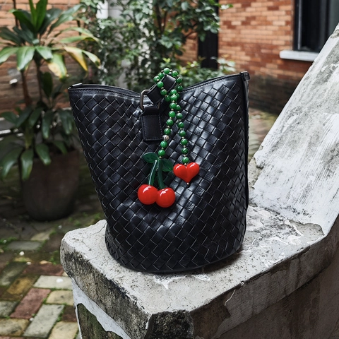 Handmade Beaded Bag Charm Keychain For Women Sweet Acrylic Cherry Heart Pendant Ins Style Schoolbag Decoration Accessories