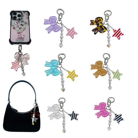 Fashion Acrylic Bow Star Heart Keychain Bag Charm For Women Imitation Artificial Pearl Bead Metal Clasp Sweet Girly Jewelry Accessory