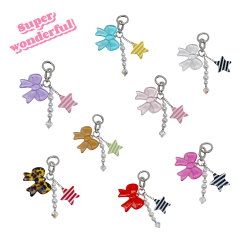 Fashion Acrylic Bow Star Heart Keychain Bag Charm For Women Imitation Artificial Pearl Bead Metal Clasp Sweet Girly Jewelry Accessory