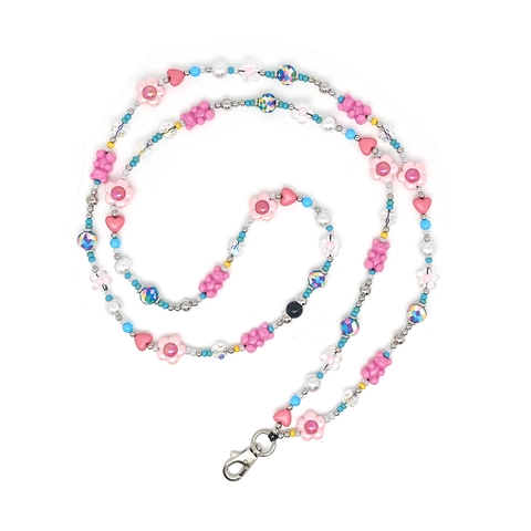 Y2K Beaded Phone Chain Resin Pink Bear Flower Heart Long Lanyard For Women CCD Camera Strap Zinc Alloy Lobster Clasp