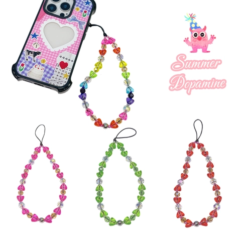 Colorful Heart Beaded Phone Strap For Women Glass Crystal Acrylic Beads Wristlet Lanyard Camera Hanging Accessory Y2K Style