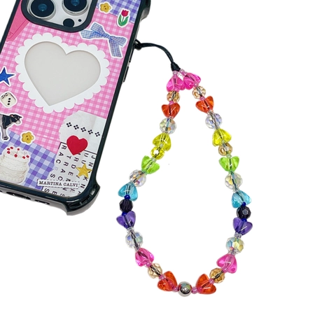 Colorful Heart Beaded Phone Strap For Women Glass Crystal Acrylic Beads Wristlet Lanyard Camera Hanging Accessory Y2K Style