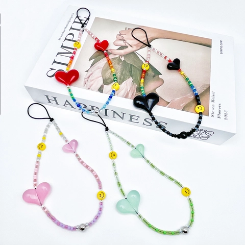 Handmade Colorful Beaded Phone Strap With Heart And Smile Charms Glass Beads Acrylic Pendants Phone Lanyard For Women Accessories