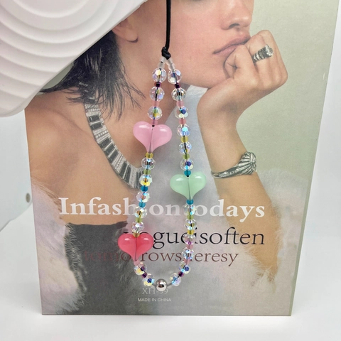 Ins Style Colorful Heart Beaded Phone Strap Handmade Glass Acrylic Bead Mobile Phone Chain Wristlet Wrist Strap For Women Girls