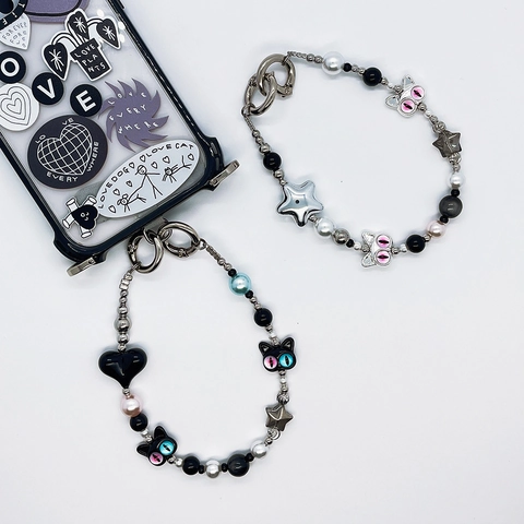 Cute Cat Head Star Heart Beaded Phone Chain For Women Y2K Style Acrylic Stainless Steel Pearl Bag Pendant Keychain Accessory