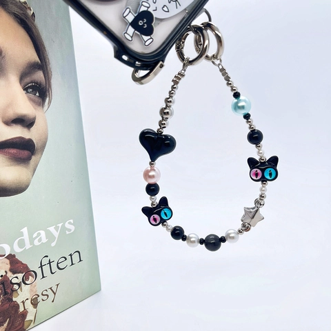 Cute Cat Head Star Heart Beaded Phone Chain For Women Y2K Style Acrylic Stainless Steel Pearl Bag Pendant Keychain Accessory