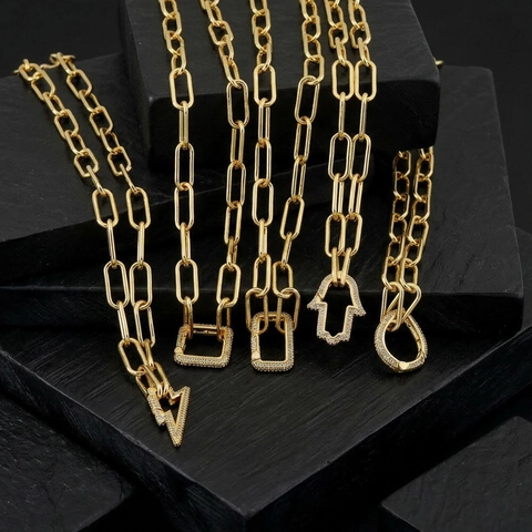 Verguld Koperen Paperclip Ketting Voor Dames Micro Ingelegde Strass Bliksem Ster Hamsa Hanger Halsketting Sieraden