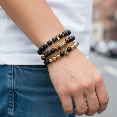 Men Fashion Crown Beaded Bracelet Hip Hop Tiger Eye Stone Lava Stone Agate Handmade Zirconia Bracelet For Daily Men Jewelry
