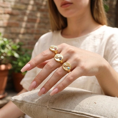 Vintage Gold Plated Copper Yin Yang Tai Chi Adjustable Open Ring With Colorful Zirconia Inlaid Fashion Jewelry For Women